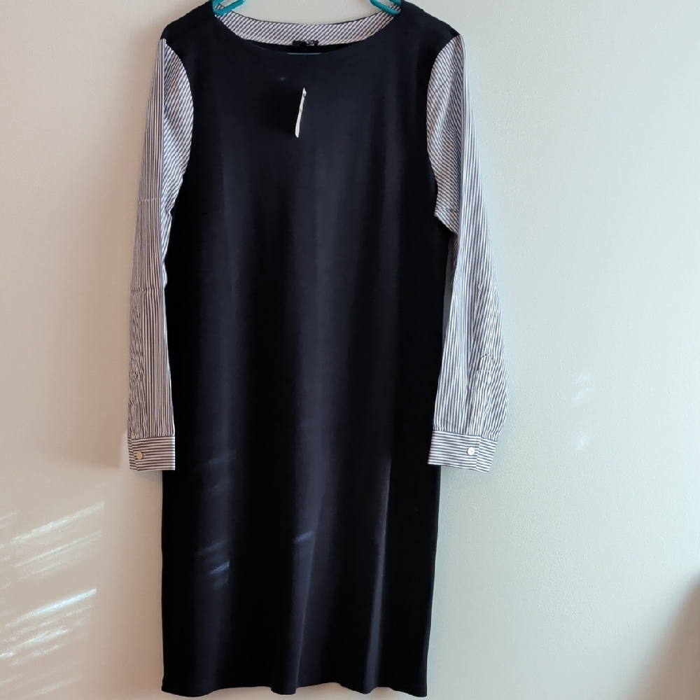 Talbots Elegant Black Dress with Striped Sleeves